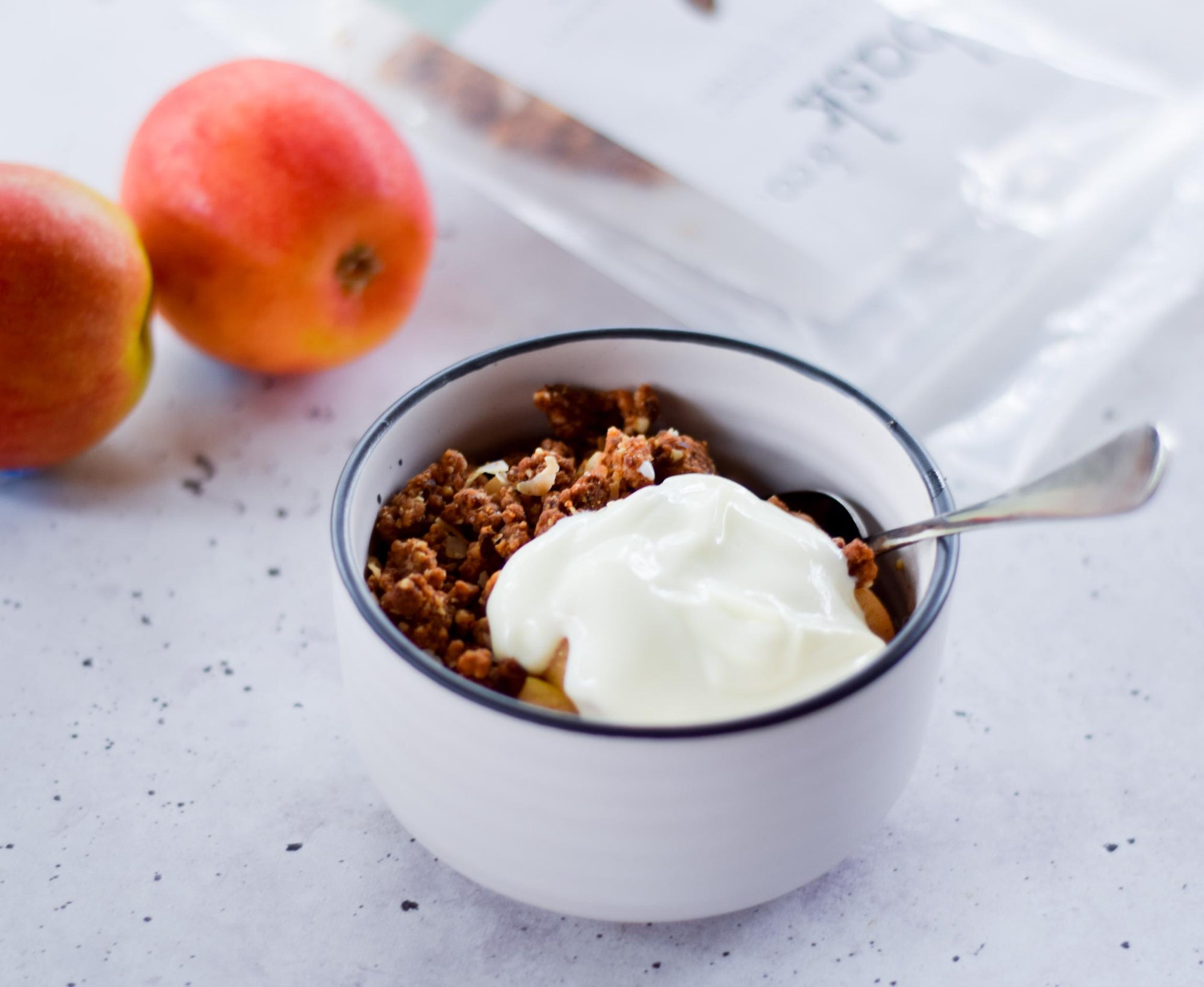 apple crumble with yoghurt and Bask & Co almond and coconut granola